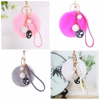 women keyrings artificial rabbit fur ball keychain handbag charm pendant with rhinestone leather decor key chain