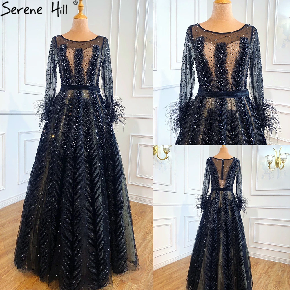 Роскошные синие платья Дубая для выпускного вечера с длинным рукавом перьями