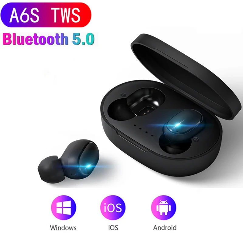 

A6S Bluetooth Headsets for Redmi Airdots Wireless Earbuds 5.0 TWS Earphone Noise Cancelling Mic for Xiaomi iPhone Huawei Samsung