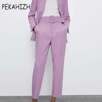 2020 elegant office orange purple pants women sashes high waist pencil pants streetwear cargo pants casual ladies trousers