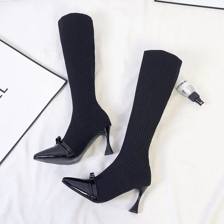 2019 Autumn and Winter Pointed Boots Women's Knitted Sweater Thin Skinny with High Bows But Knee | Обувь