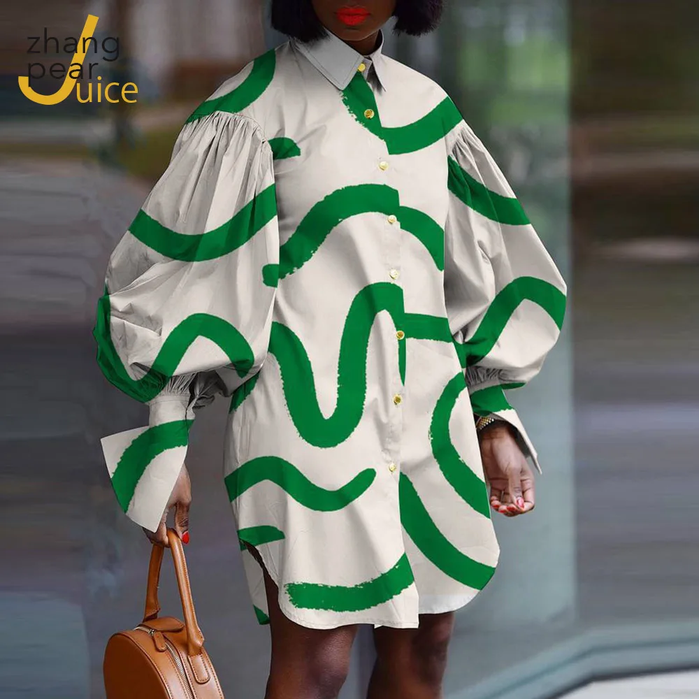 

Women Casual Shirt Dresses Turn Down Collar Lantern Long Sleeve Slim Mini Dress Sexy Green Printed Plus Size Dresses Vestidos