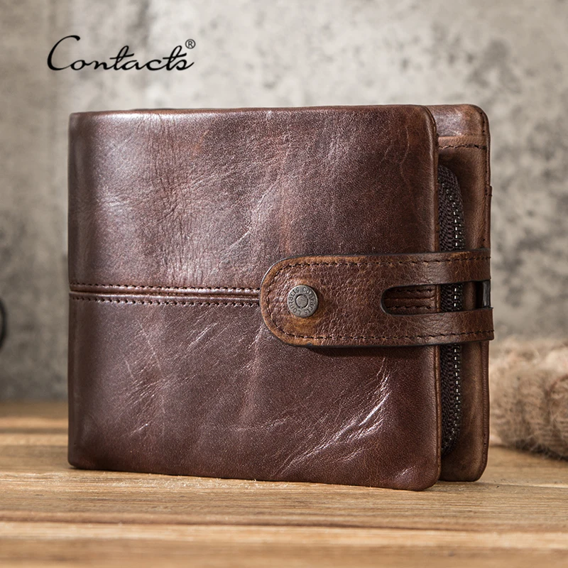 

CONTACT'S Casual Men Wallets Crazy Horse Leather Short Coin Purse Hasp Design Wallet Cow Leather Clutch Wallets Male Carteiras