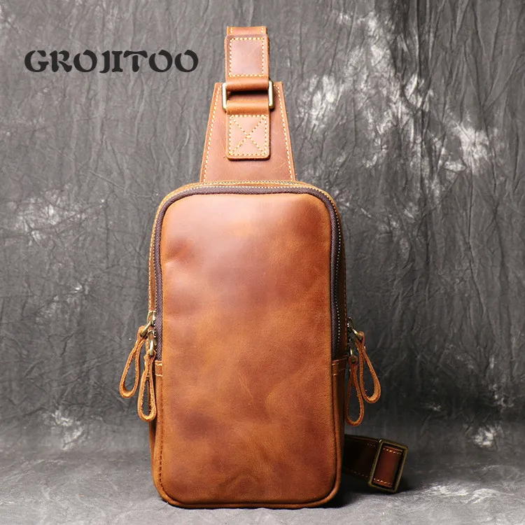GROJITOO New style men's leather chest bag men's crazy horse skin messenger bag large capacity single shoulder cowhide bag