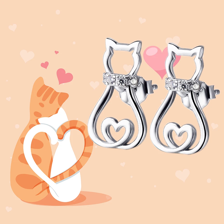 Серьги гвоздики с котом из стерлингового серебра 925 пробы серьги кристаллами