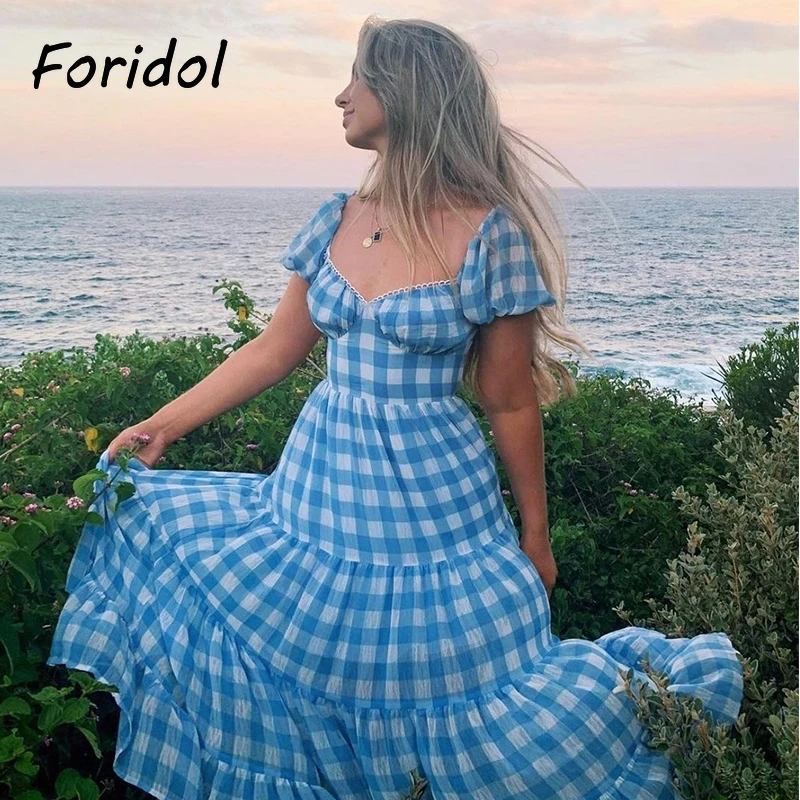 

Foridol Sexy Backless Gingham Print Summer Boho Dress Women Puff Sleeve Maxi Long Dress Robe Blue Women A-line Chic Dress 2023