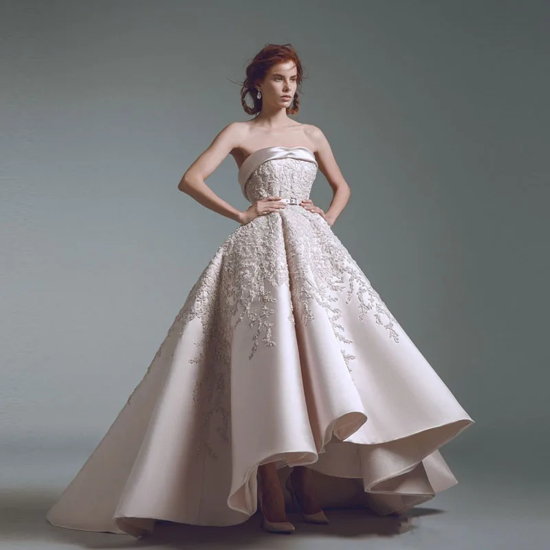 

Saudi Arabia 3D Applique Evening Dresses Vestido De Festa Robe De Soiree Elegant Evening Prom Dress Ball Gown Strapless Ruched