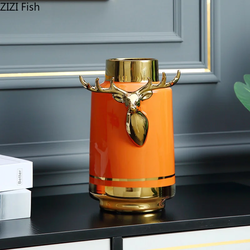 Golden Stripes Ceramic Vase Orange Flower Pot Floral Arrangement Crafts Porcelain Vases Home Decoration Accessories Modern | Дом и сад