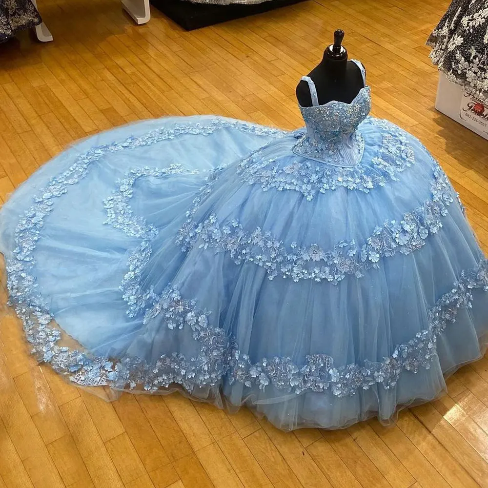 

Luxury Long Train Quinceanera Dress 2021 Blue Sweetheart Spaghetti Lace Applique Flower Sweet 15 16 Birthday Prom Party Gowns