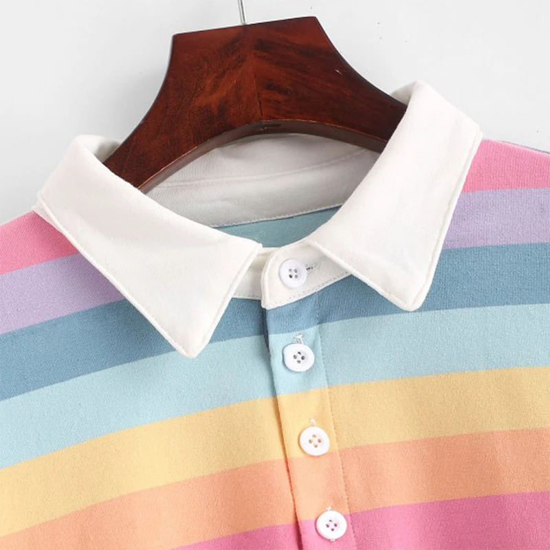 

QRWR 2020 Polo Shirt Women Sweatshirt Long Sleeve Rainbow Color Ladies Hoodies With Button Striped Korean Style Sweatshirt Women
