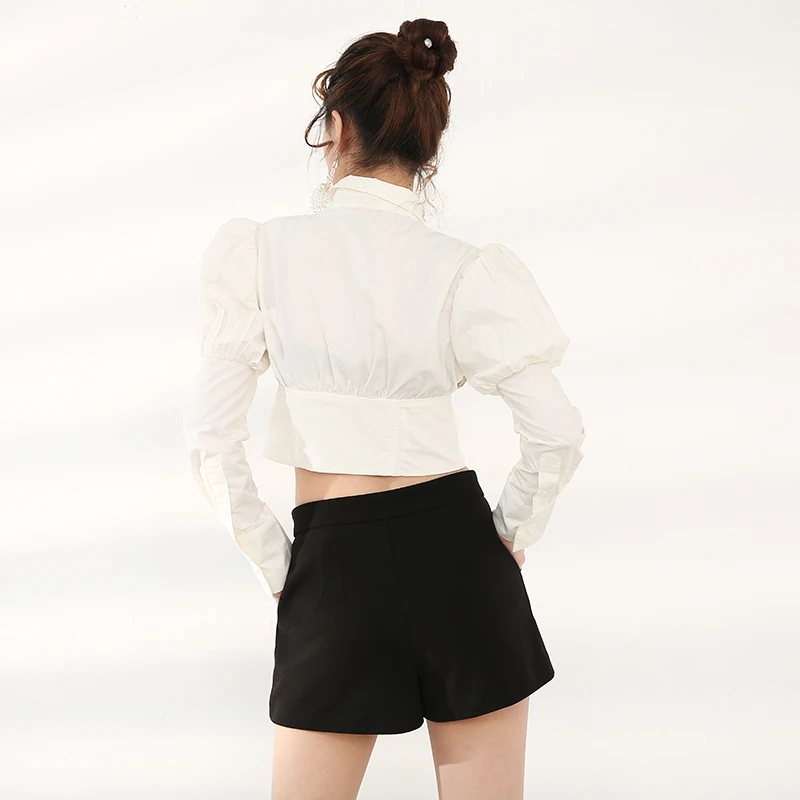 

Sittch Women Knitting White Short Blouse New Lapel Long Lantern Sleeve Loose Shirt Fashion Spring Autumn 2021 1DA93404S