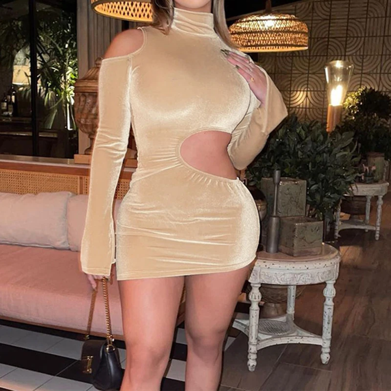 

Fall New Stylish High Neck 2021 Elegant Asymmetry Wrap Dress Women Khaki Cut Out Mini Dress Sexy Velvet Bodycon High Streetwear