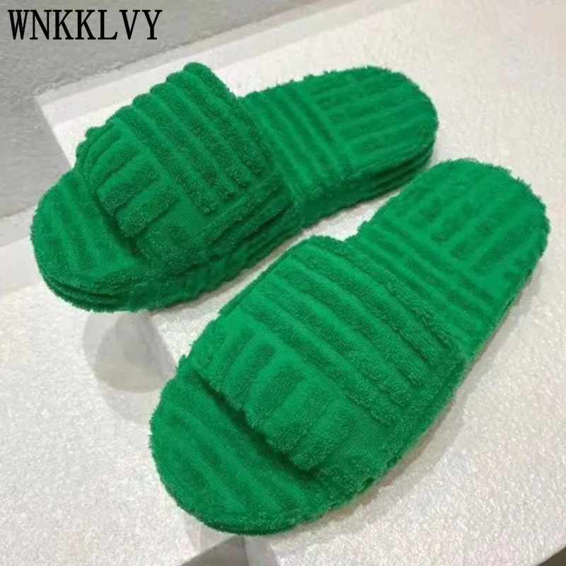 

Summer new Flat heel wool Slippers Women Thick Sole Open Toe fur towel flipflops sandals Outdoor Comfort Leisure Shoes 2021