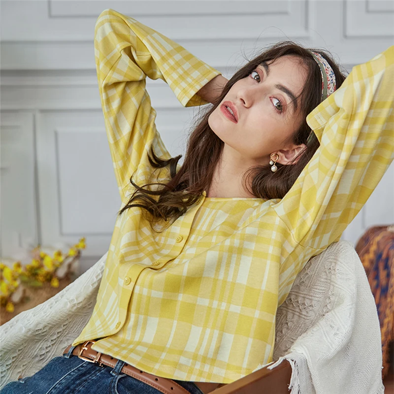 

Women's All-Match Cotton Plaid Knitted Cardigan Short Jacket Long-Sleeved Top 2021 Spring And Summer Women's Clothing