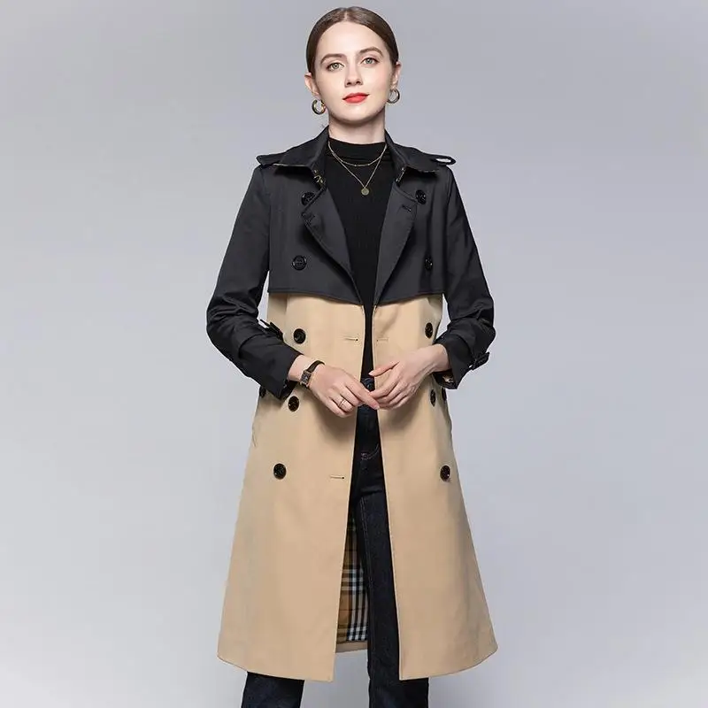 

new 2021 autumn women's coat mid length slim waist double breasted fashion British style color matching windbreaker