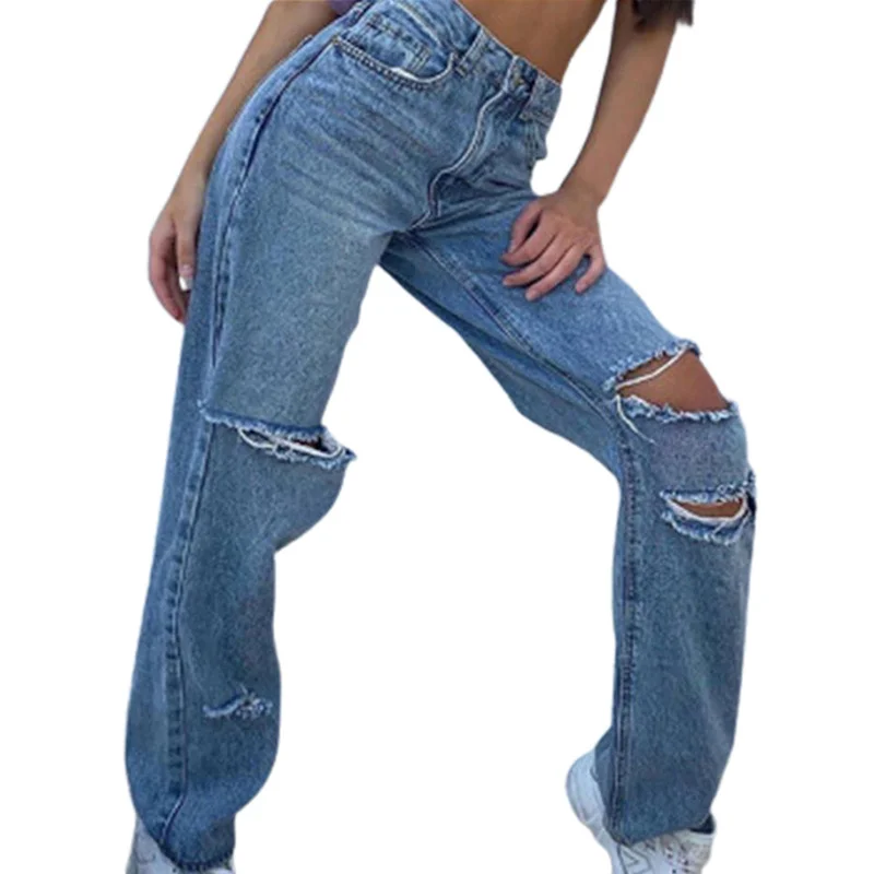 Женские рваные джинсовые потертые Брюки повседневные потертые прямые брюки с высокой талией