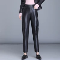 new women black harem faux leather pencil pants ladies elegant elastic waist pu leather loose trousers streetwear female pants