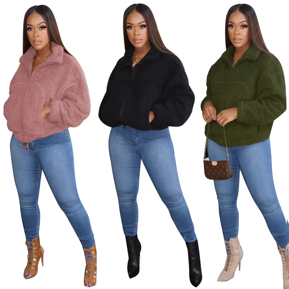 

Coolhappy 2021 New Style Hot Fashion Casual Solid Color Zipper Stand Collar Long Sleeve Winter Women Wool Coat