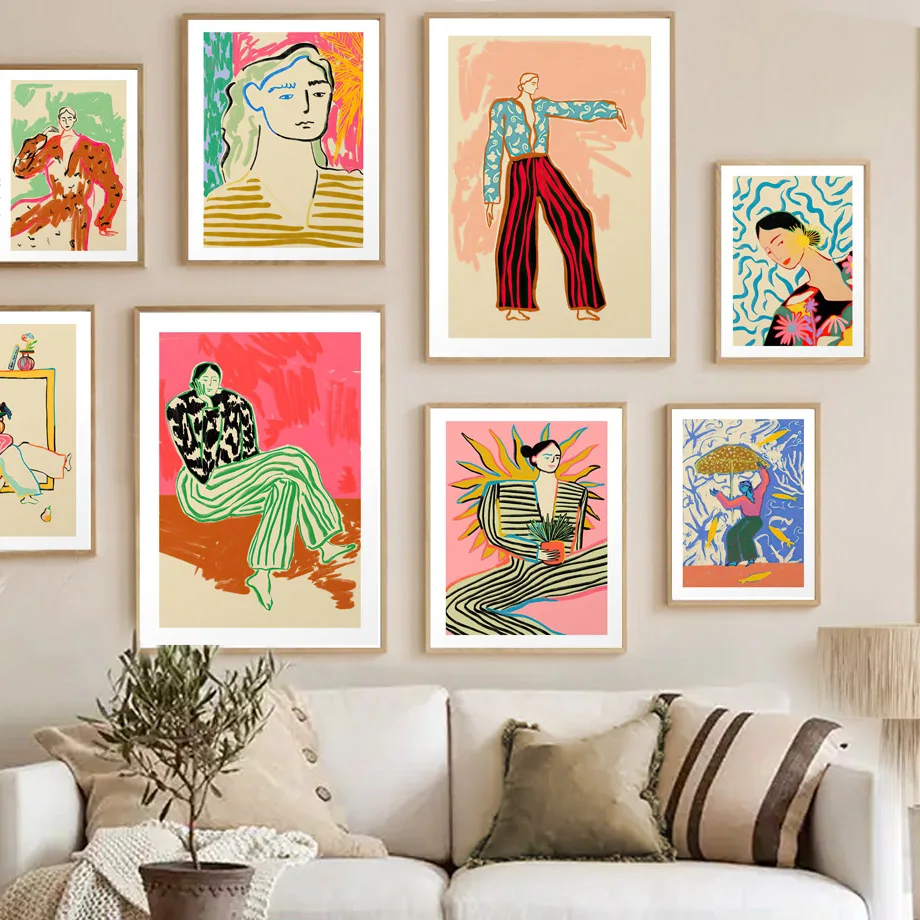 Модные картины с абстрактными линиями холст плакаты танцующей девушки полосатая