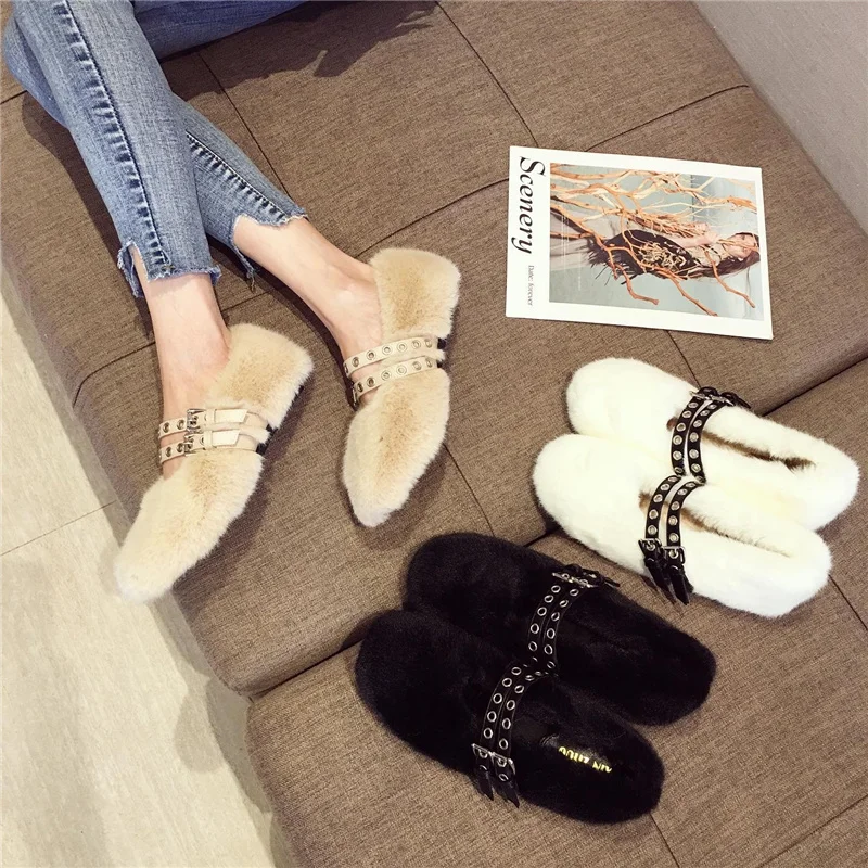 

Winter Belt Buckle Flats Shoes Women Fur Loafers Casual Furry Slides Round Toe Slip on Shoes Black Apricot White Zapatos Mujer
