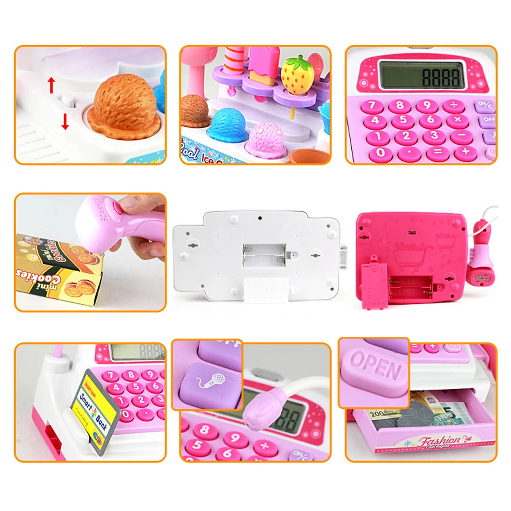 

Cash Register Pretend Play Ice Cream Shop Toys with Calculator, Scanner, Credit Card , Play Food ,Money Set, Birthday Gifts