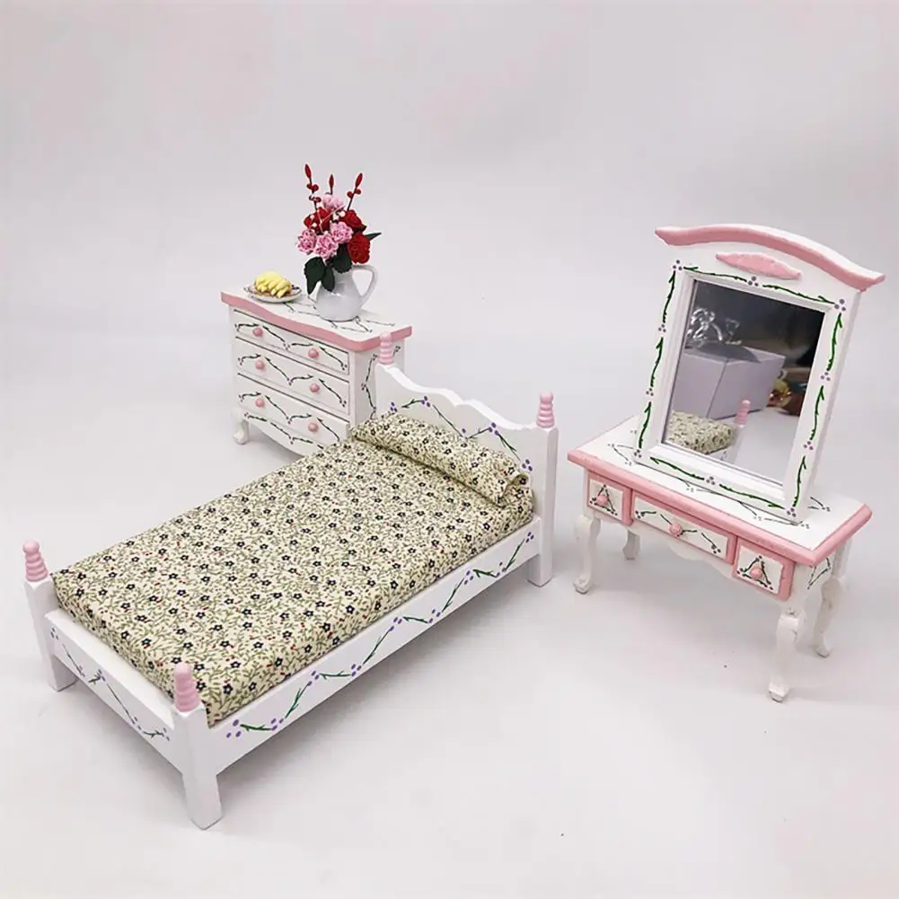 

1:12 Miniature Dollhouse 3D Wooden Furniture Miniature Bed Multi-use Miniature White Floral Pattern Single Bed Display for Home
