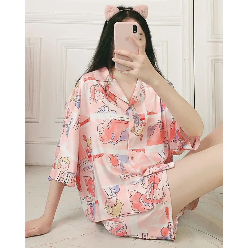 

Pajamas Women's Summer Silk Short-Sleeved Shorts Leisure Tops Thin Summer Cute Two Piece Suit pajamas for women Sleepwear