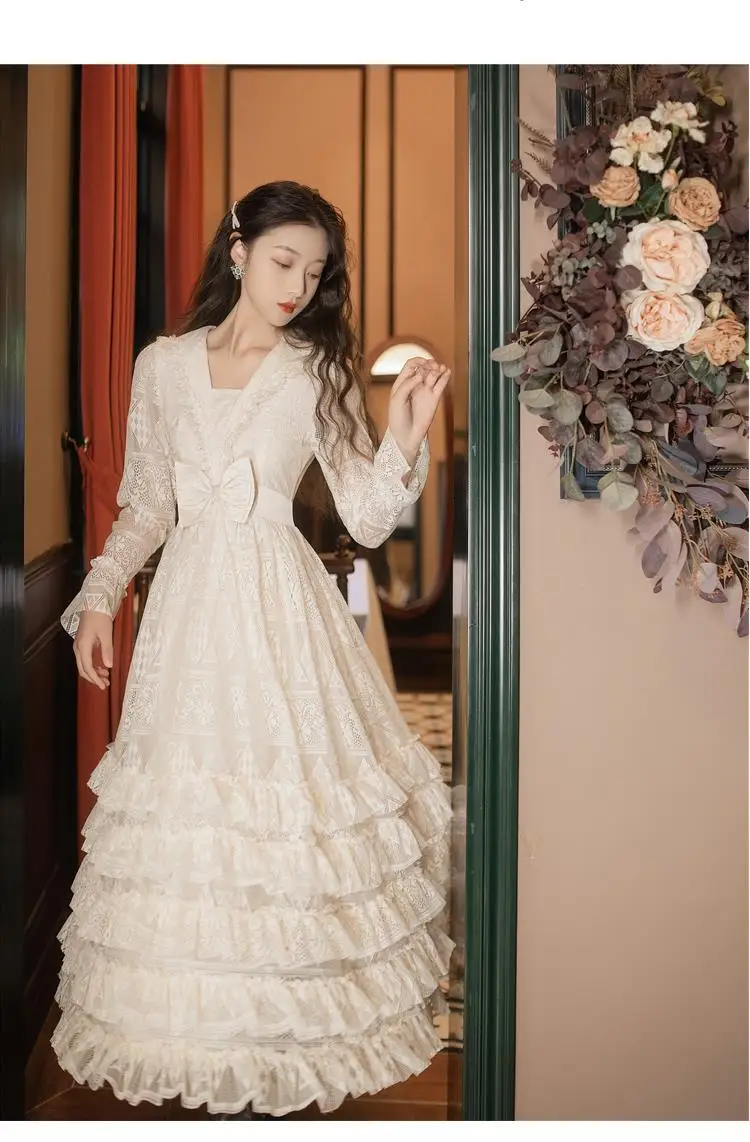 

Fairy Dresses for Girl 2021 Spring New Beautiful French Retro Princess Mid-calf Dress Lace Stitching Bow Slimming Cake Dress