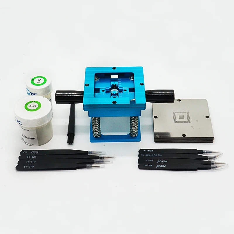 

90mm BGA reballing station with hand reballing kit 90*90mm Universal Stencils Solder ball PMTC 0.40MM 0.5MM 8pcs ESD tweezers