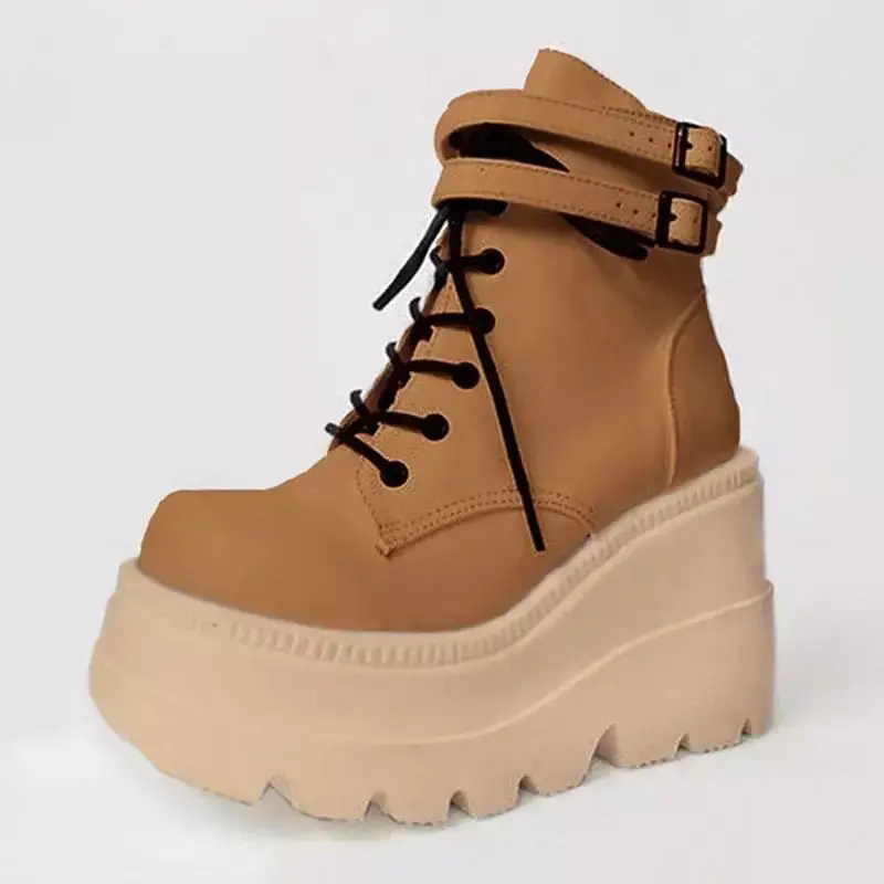 

Women Luxury Boots 2021 New Hot Sell High Heel Platform Ladies Ankle Boots 35-43 Plus Lace Up Thick Bottom Female Wedge Shoes