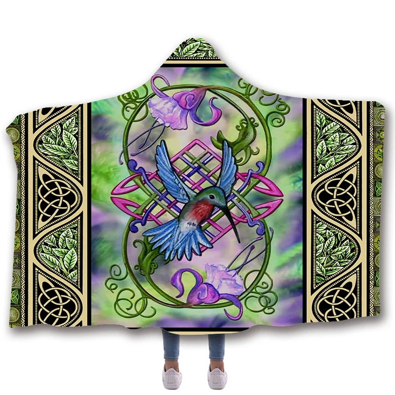 Флисовое одеяло с капюшоном и принтом птиц Двухслойное бархатное декоративное