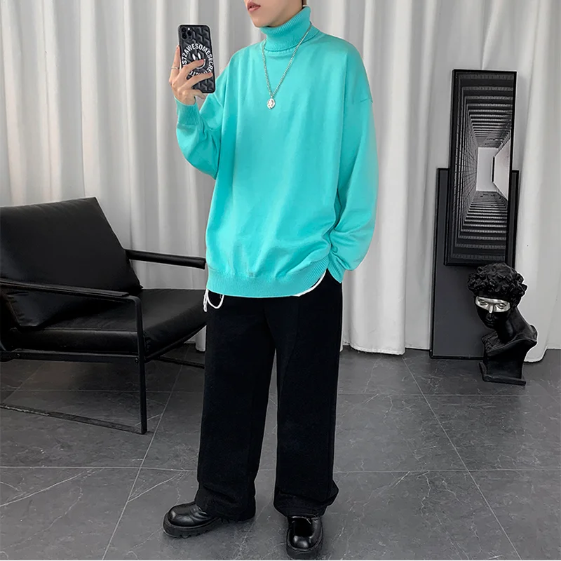 

Men Pullovers Solid Color Loose Turtleneck Knitted Sweater Autumn Winter Warm Thickening Tops Simple All-match Korean Style Chic