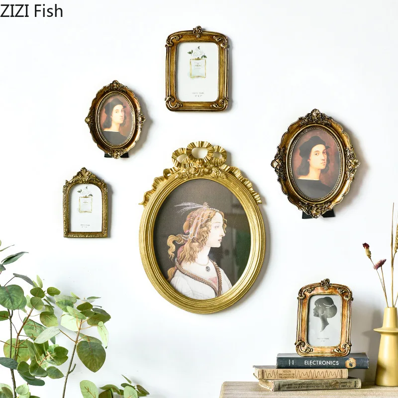 

Retro European Palace Style Photo Frame Oval Gold Relief Photo Display Storage Desktop Crafts Home Decoration Picture Frame