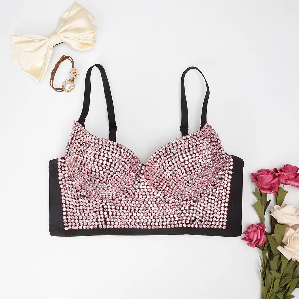 Fashion Sexy Golden Top with Rhinestones Glitter Short Diamond Crop Top for Women Appointment Party Club Clothing 2021