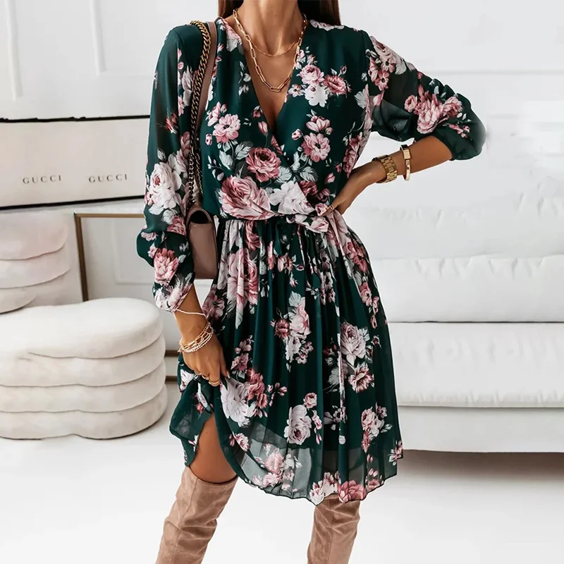 

Chiffon long sleeve dressed in female floral printing 2021 casual autumn deep v-cleavage office gowns plied green for female