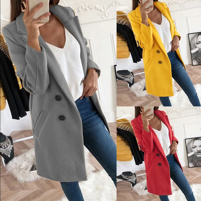 Женское шерстяное пальто с отложным воротником однотонное повседневное
