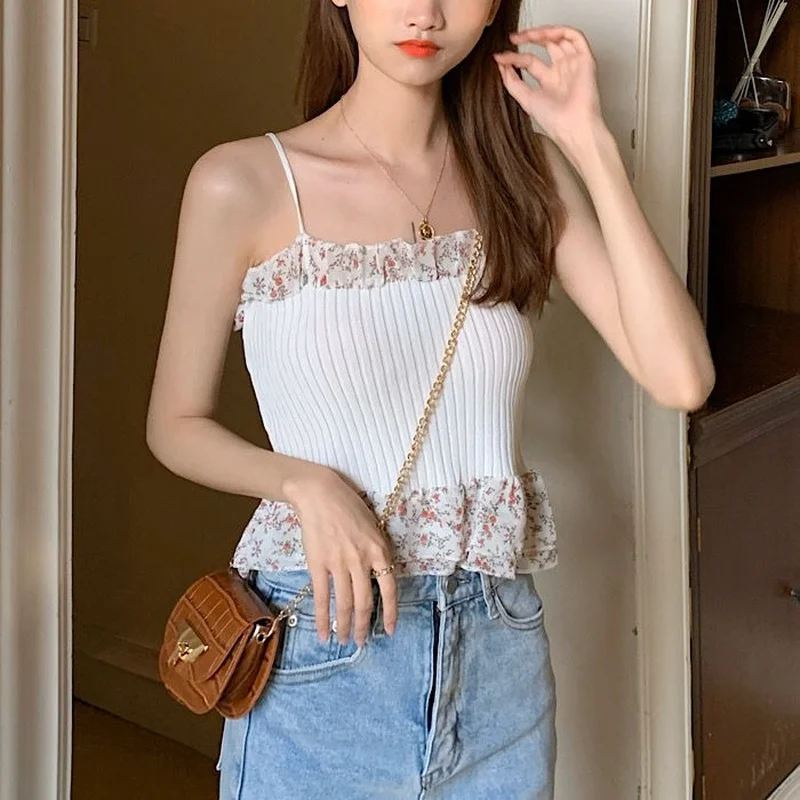 Летние милые женские майки Лоскутные Цветочные оборки Тонкий Фитнес шикарные