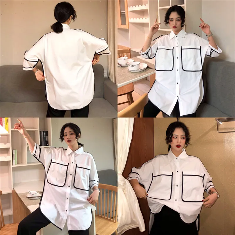 

Hipster fashion brand womens tops oversize blouses streetwear white shirts turn-down collar casual Unisex blusas mujer de moda