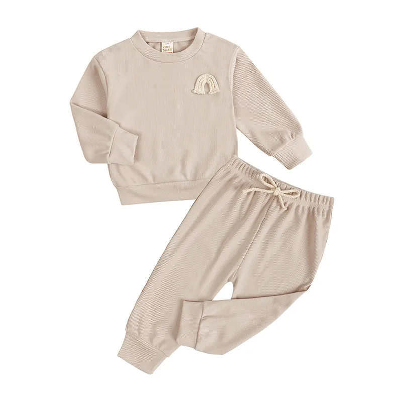

Toddler Solid Tracksuits Autumn Round Collar Rainbow Embroidered Long Sleeve Sweatshirts Pants Baby Two-piece Set