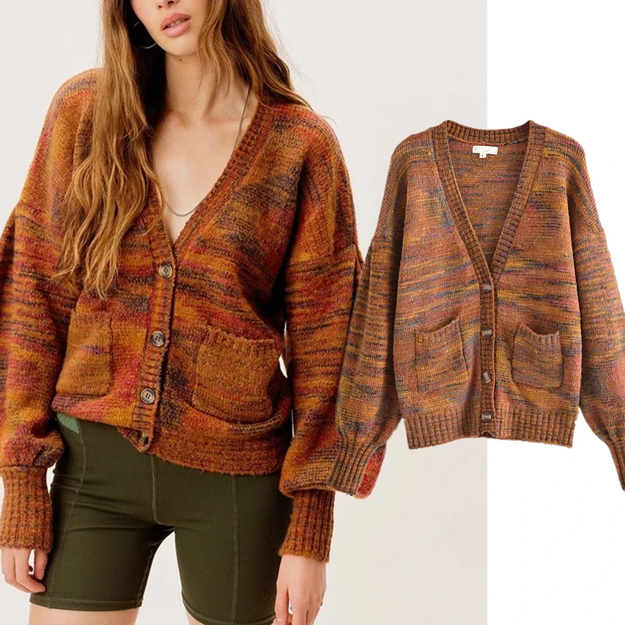 

Withered Indie Folk Vintage Puff Sleeve Colorful Knitted Cardigan Women Fashion Loose Single Breasted Pockets Sweaters Women Top