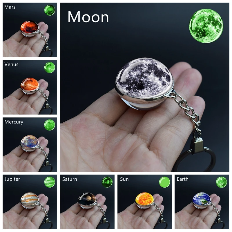 

Glow In The Dark Solar System Planet Keyring Luminous Moon Earth Keychain Double Side 35mm Glass Ball Key Chain