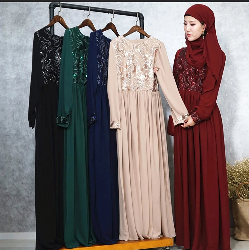 

Turkish Muslim Embroidery Abaya Dress Plus Size Women A-line Big Swing Maxi Dresses Sequin Long Robe Dubai Arab Islamic Clothing