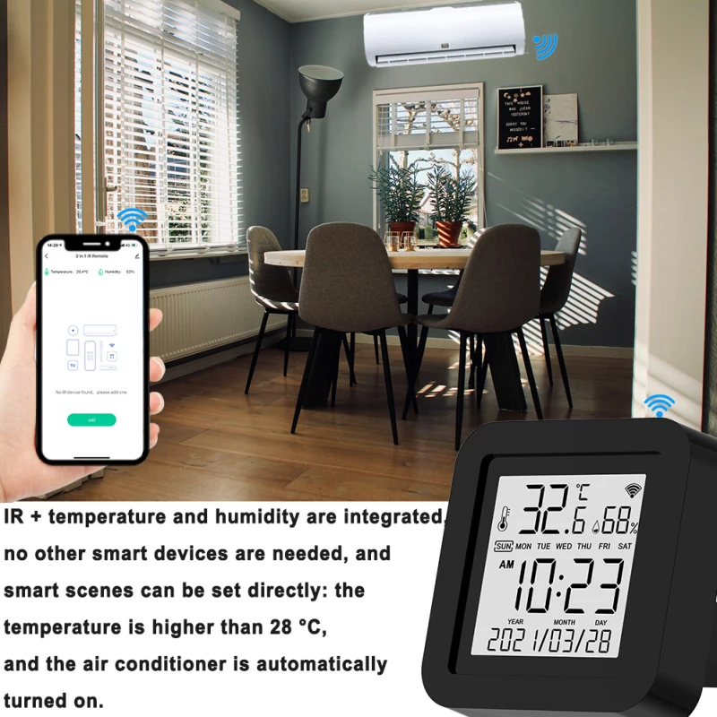 

Tuya WiFi Smart IR Remote With Temperature Humidity Sensor Date Display For Air Conditioner TV AC Works With Alexa,Google Home