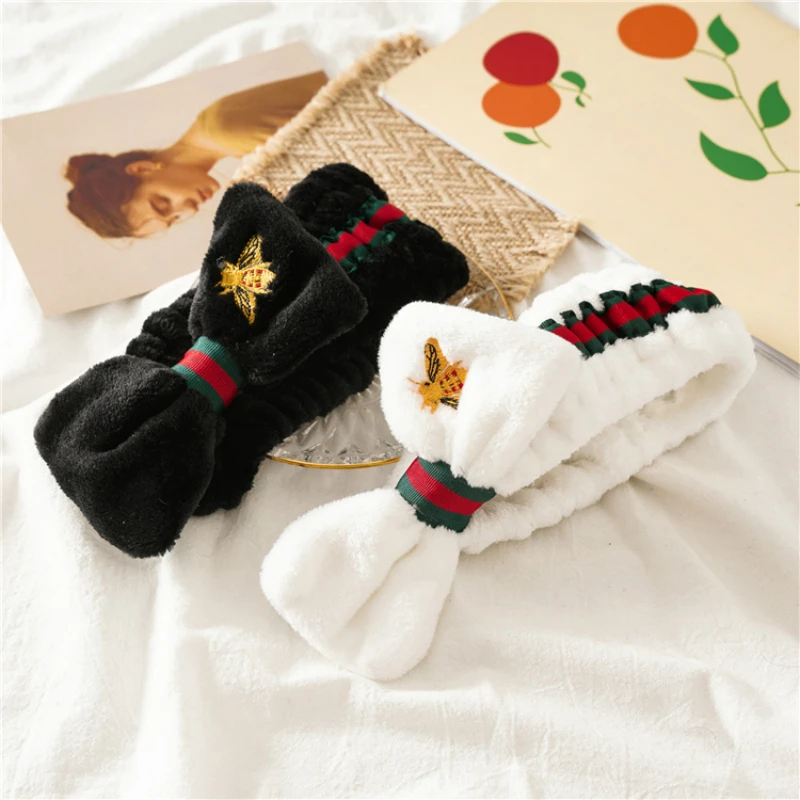 

2021 Girls Headbands Embroidery Bee Coral Fleece Wash Face Bow Hairbands For Women Headdress Hair Bands Turban Hair Accessories