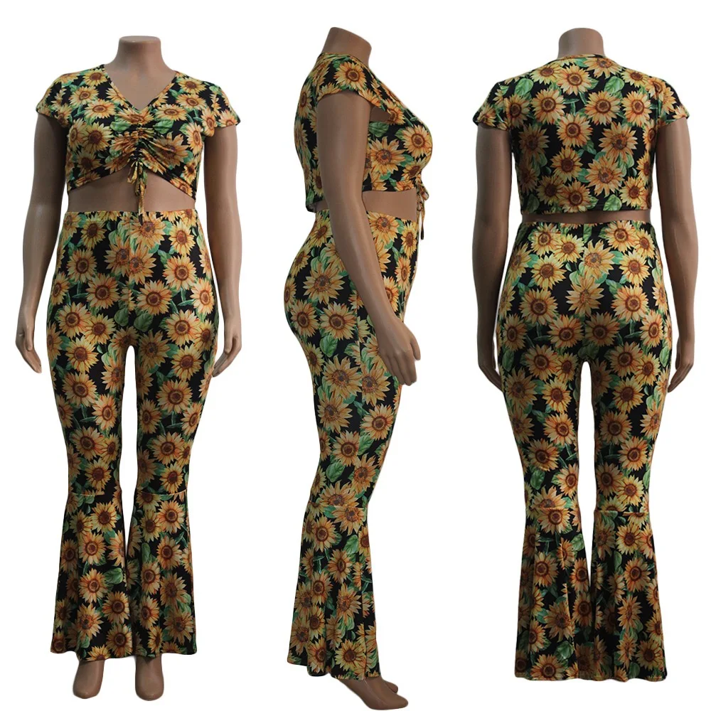 

4xl Plus Size Women Sets Sexy Blouse & Bell Bottom Pants Floral Print Bodycon Fashion High Street Wear Two Pieces Matching Sets