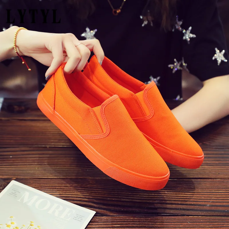 

Slacker Shoes Lady Casual Shoes Flat Sole Low-top Breathable Canvas Shoes Girls Orange Shoes Slip on Loafers 35-40 B20-762