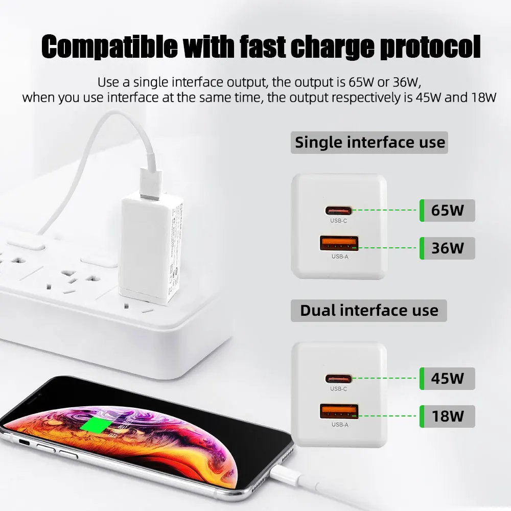 65W GaN Fast Charger Macbook Lenovo Dell Laptop Type C PD USB QC4.0 Quick Portable Dual Port For Apple HuaWei Xiaomi Cell Phone |