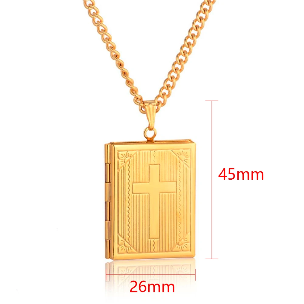 Cross Bible Photo frame Necklace Fashion Charms Square Memory Locket Can Open Pendants Necklaces Man Women Christian Gifts images - 6