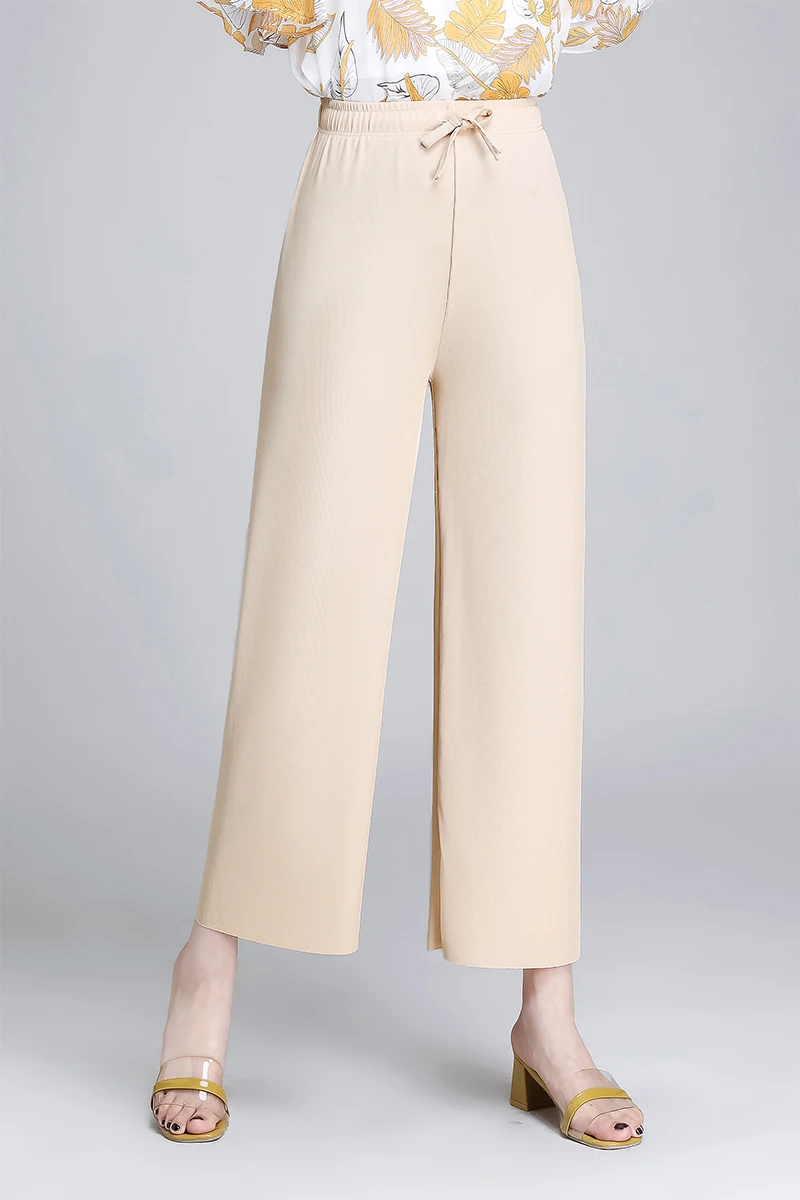 

Summer Women Wide Leg Cropped Pants Elastic High Waist Fashion Loose Female Summer Thin Calf Length Pants 2021 NEW