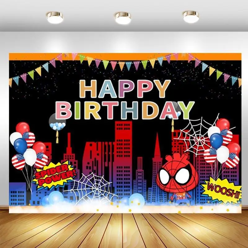 

Фон для фотосъемки с изображением супергероев зданий воздушных шаров для мальчиков на день рождения пользовательский фотографический фон ...